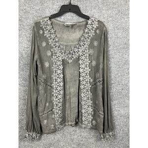 POL Embroidered Lace Trim Blouse Oversize Long-Sleeve lace Cuffs Charol Gray L